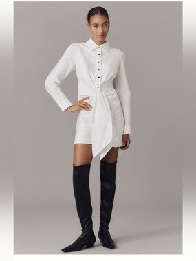 Anthropologie White Long-Sleeve Tie-front mini Waist Shirt Dress XL New